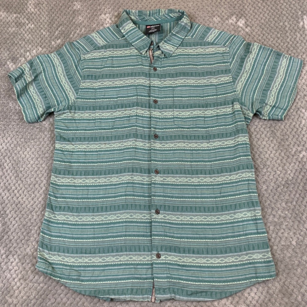 Sherpa Adventure Gear Shirt Mens L Teal Geometric Tribal Organic Cotton SM3178